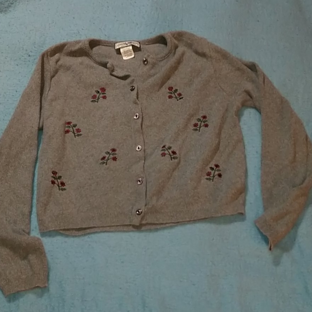 Grey Sweater with red flowers, Girls Large